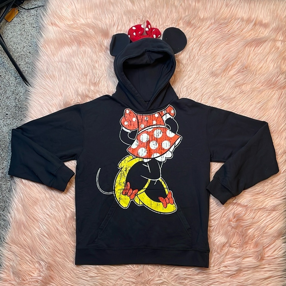 Walt Disneyland Resort Minnie Mouse Sweater Hoodie w/ Ears & Bow Black Youth XL